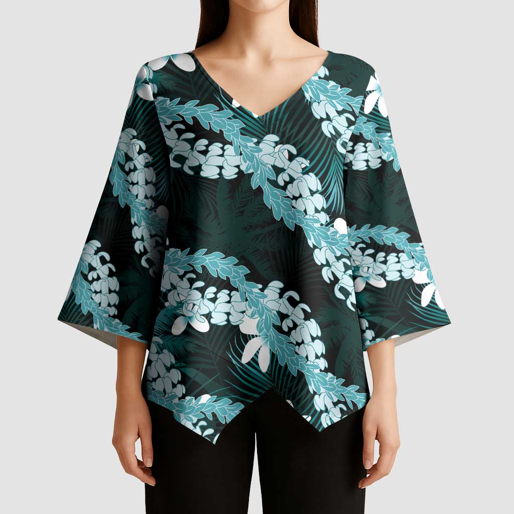 Puakenikeni Maile Lei Kimono Sleeve Blouse Frangipani Turquoise Tropical Leaves LT01 - Polynesian Pride
