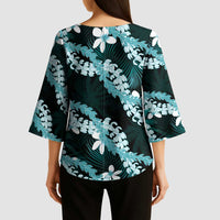 Puakenikeni Maile Lei Kimono Sleeve Blouse Frangipani Turquoise Tropical Leaves LT01 - Polynesian Pride