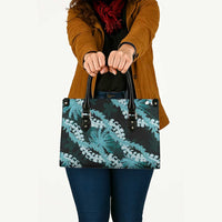 Puakenikeni Maile Lei Leather Bag Frangipani Turquoise Tropical Leaves LT01 - Polynesian Pride