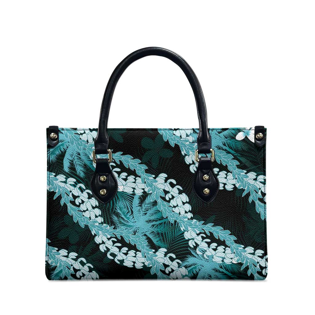Puakenikeni Maile Lei Leather Bag Frangipani Turquoise Tropical Leaves LT01 - Polynesian Pride