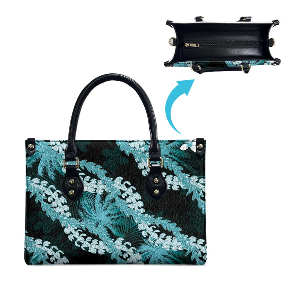 Puakenikeni Maile Lei Leather Bag Frangipani Turquoise Tropical Leaves LT01 - Polynesian Pride
