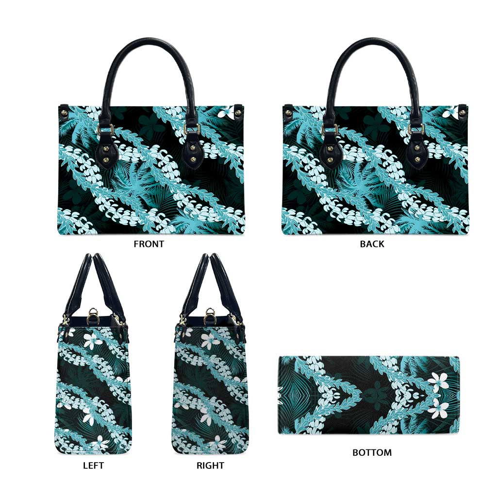 Puakenikeni Maile Lei Leather Bag Frangipani Turquoise Tropical Leaves LT01 - Polynesian Pride