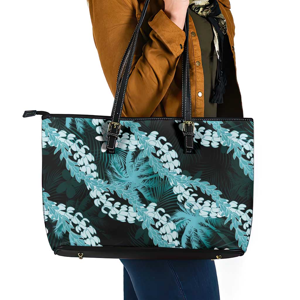 Puakenikeni Maile Lei Leather Tote Bag Frangipani Turquoise Tropical Leaves