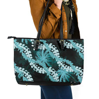 Puakenikeni Maile Lei Leather Tote Bag Frangipani Turquoise Tropical Leaves