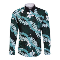 Puakenikeni Maile Lei Long Sleeve Button Shirt Frangipani Turquoise Tropical Leaves LT01 Unisex Turquoise - Polynesian Pride