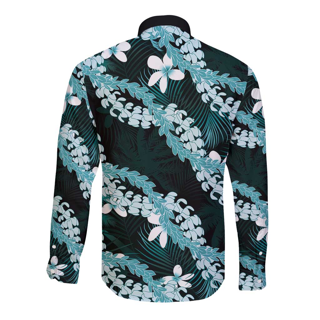 Puakenikeni Maile Lei Long Sleeve Button Shirt Frangipani Turquoise Tropical Leaves LT01 - Polynesian Pride