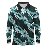 Puakenikeni Maile Lei Long Sleeve Polo Shirt Frangipani Turquoise Tropical Leaves LT01 Turquoise - Polynesian Pride