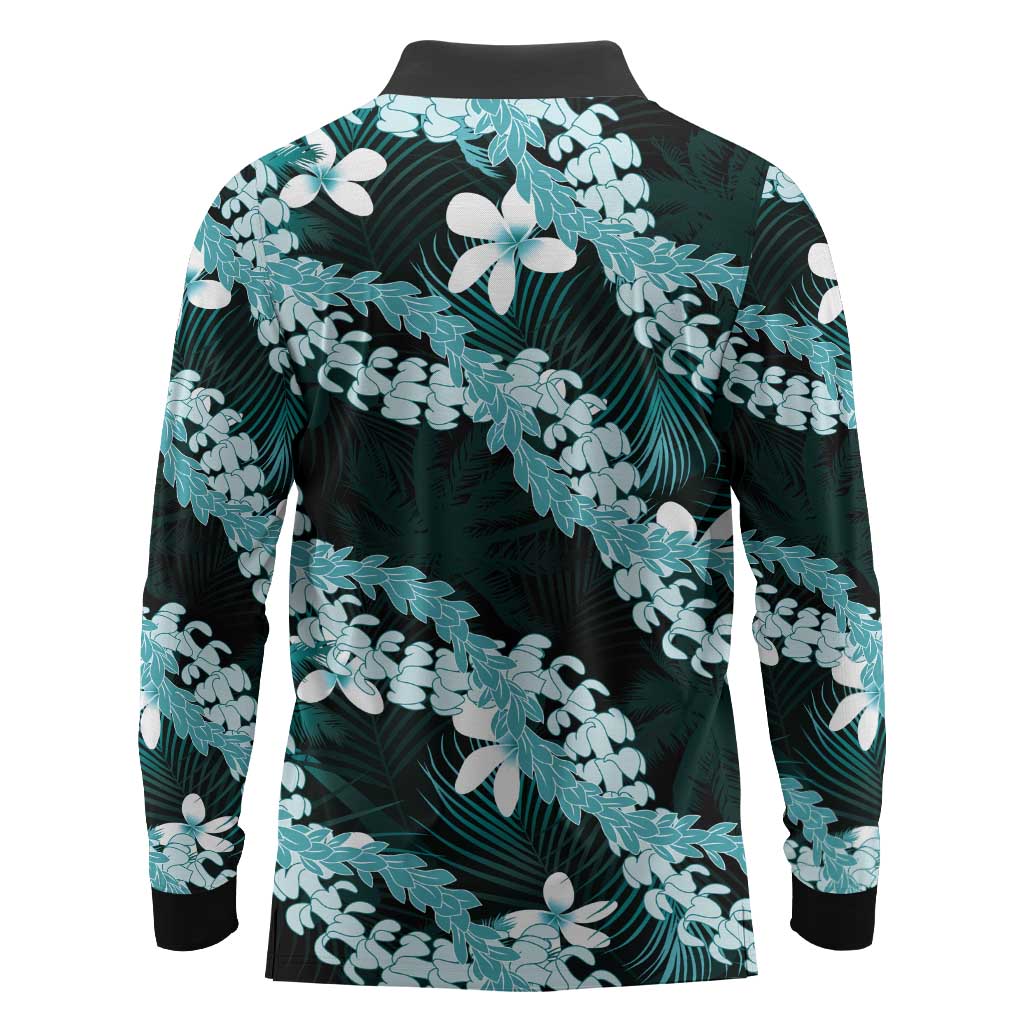 Puakenikeni Maile Lei Long Sleeve Polo Shirt Frangipani Turquoise Tropical Leaves LT01 - Polynesian Pride