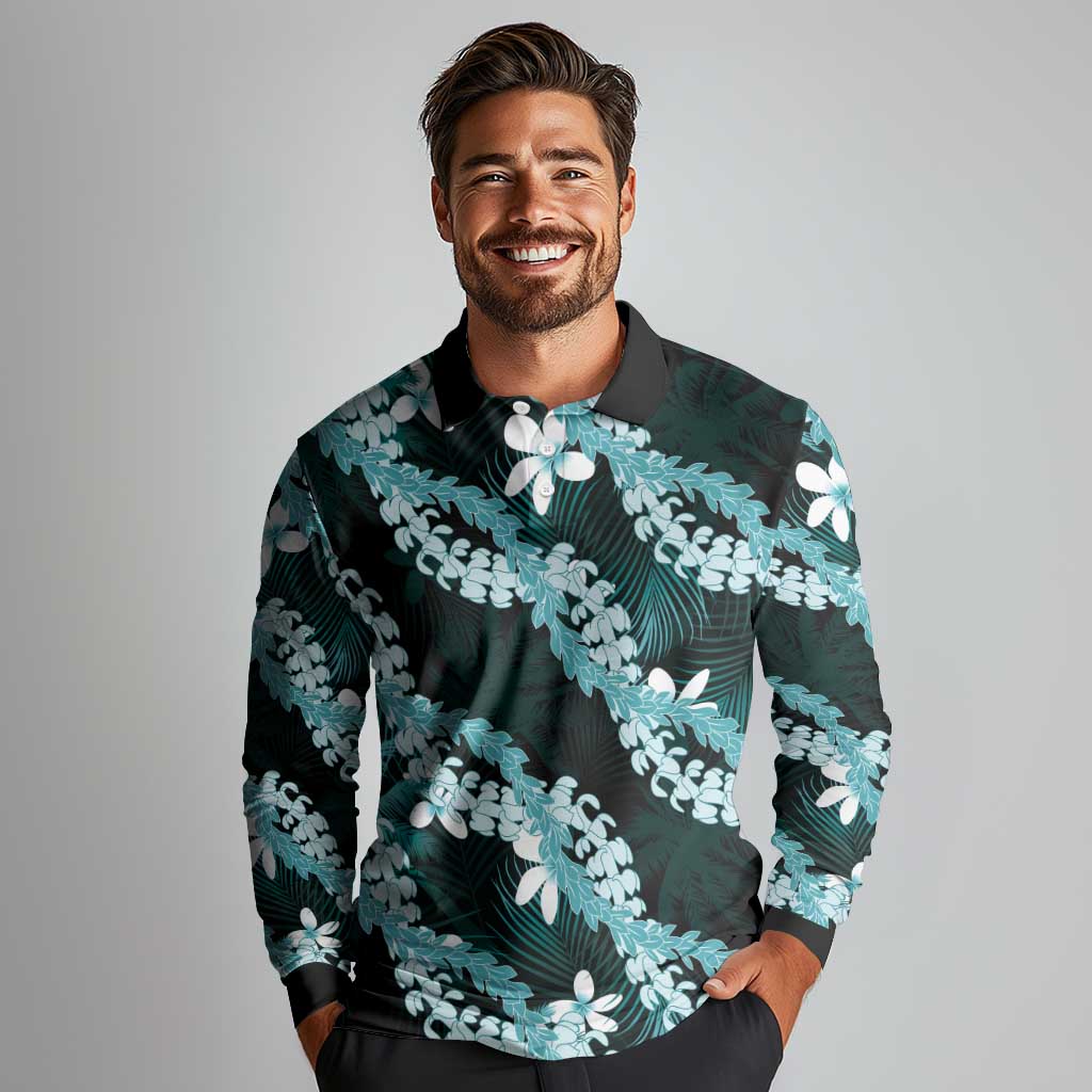 Puakenikeni Maile Lei Long Sleeve Polo Shirt Frangipani Turquoise Tropical Leaves LT01 - Polynesian Pride