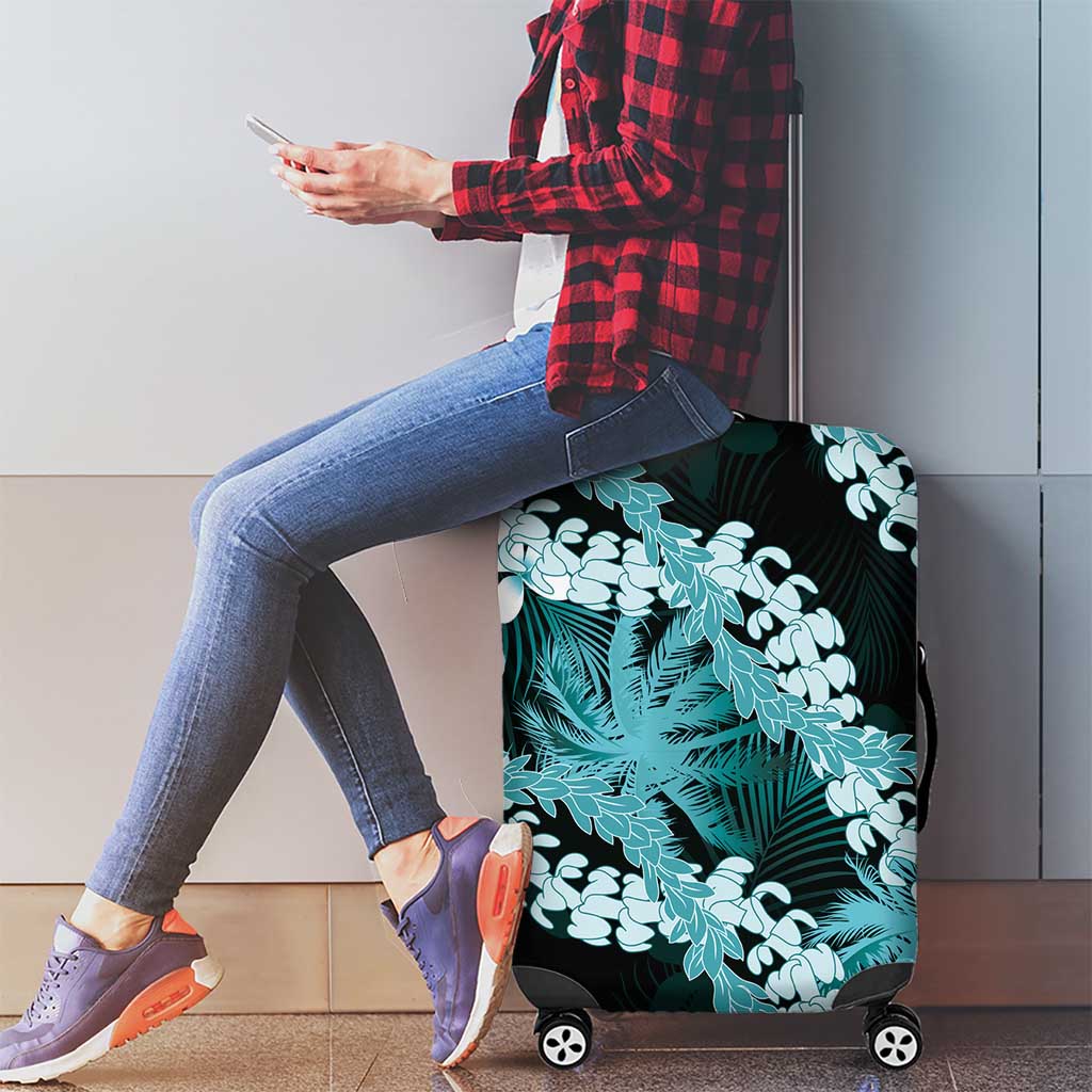 Puakenikeni Maile Lei Luggage Cover Frangipani Turquoise Tropical Leaves