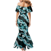 Puakenikeni Maile Lei Mermaid Dress Frangipani Turquoise Tropical Leaves LT01 - Polynesian Pride