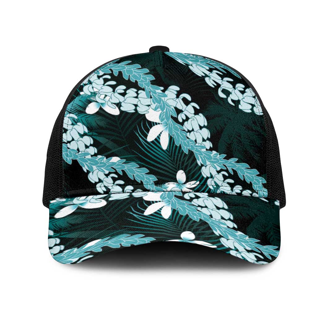 Puakenikeni Maile Lei Mesh Trucker Cap Frangipani Turquoise Tropical Leaves LT01 One Size Black Turquoise - Polynesian Pride