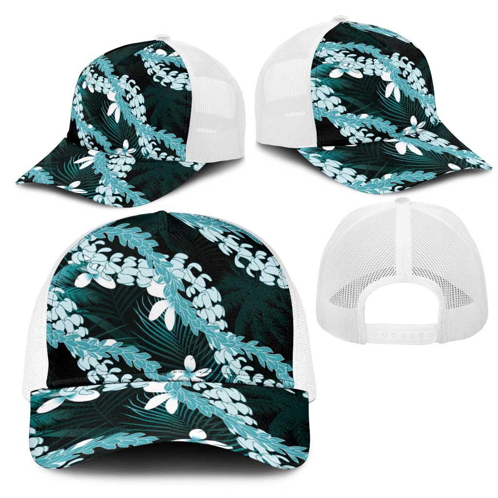 Puakenikeni Maile Lei Mesh Trucker Cap Frangipani Turquoise Tropical Leaves LT01 - Polynesian Pride