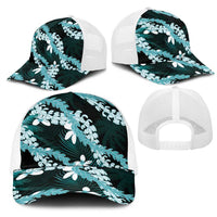 Puakenikeni Maile Lei Mesh Trucker Cap Frangipani Turquoise Tropical Leaves LT01 - Polynesian Pride