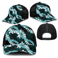 Puakenikeni Maile Lei Mesh Trucker Cap Frangipani Turquoise Tropical Leaves LT01 - Polynesian Pride