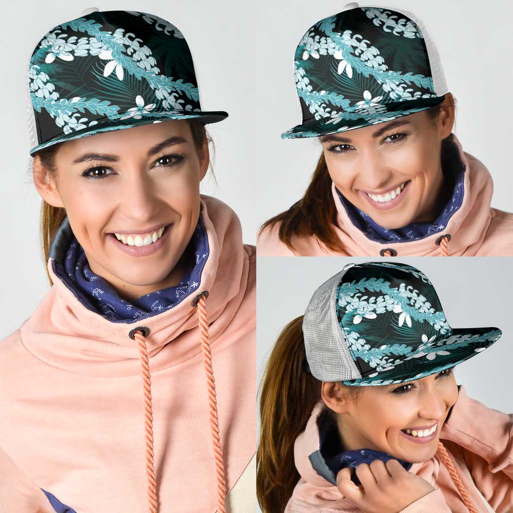 Puakenikeni Maile Lei Mesh Trucker Cap Frangipani Turquoise Tropical Leaves LT01 - Polynesian Pride