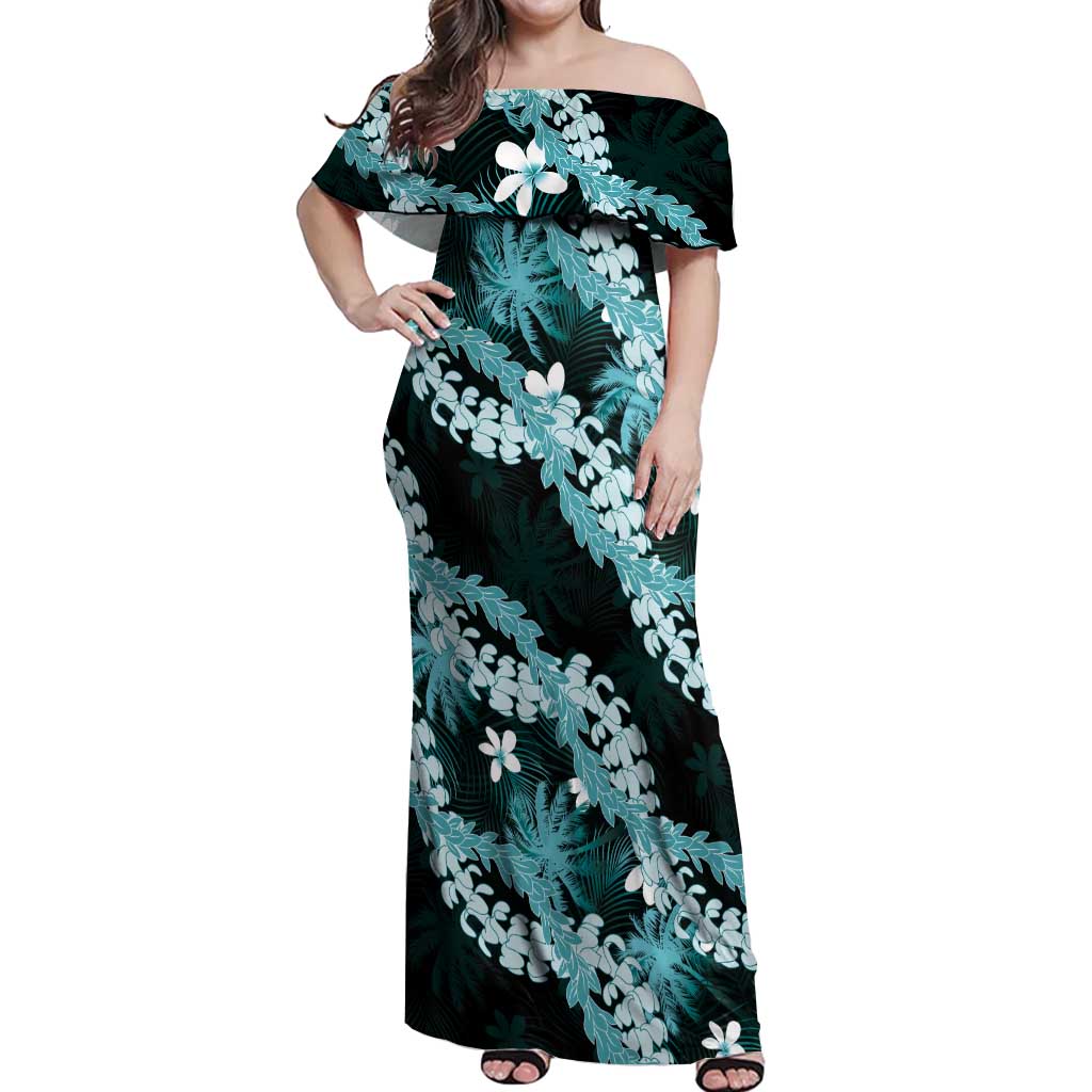 Puakenikeni Maile Lei Off Shoulder Maxi Dress Frangipani Turquoise Tropical Leaves