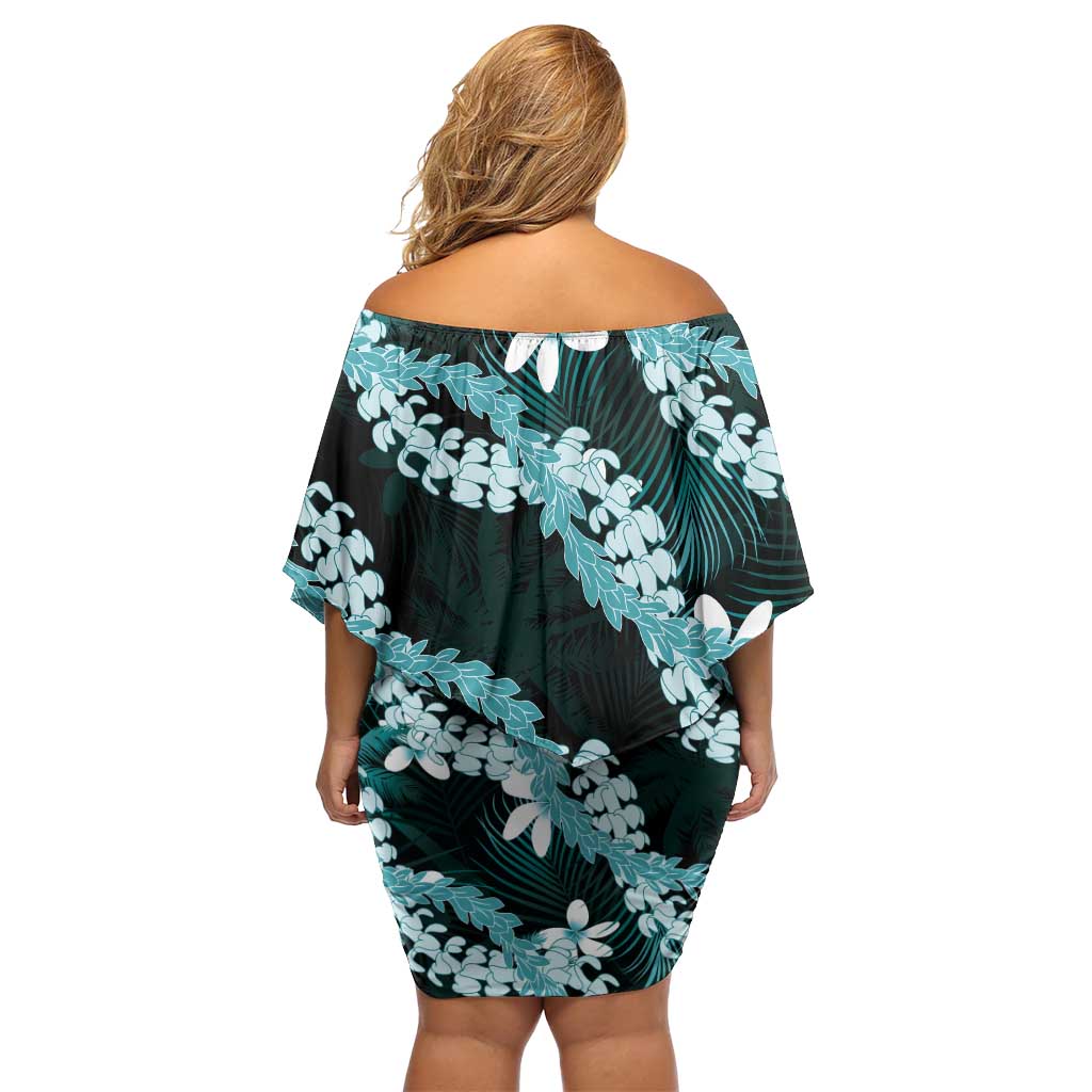 Puakenikeni Maile Lei Off Shoulder Short Dress Frangipani Turquoise Tropical Leaves LT01 - Polynesian Pride