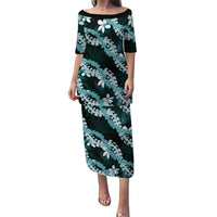 Puakenikeni Maile Lei Puletasi Frangipani Turquoise Tropical Leaves LT01 Long Dress Turquoise - Polynesian Pride