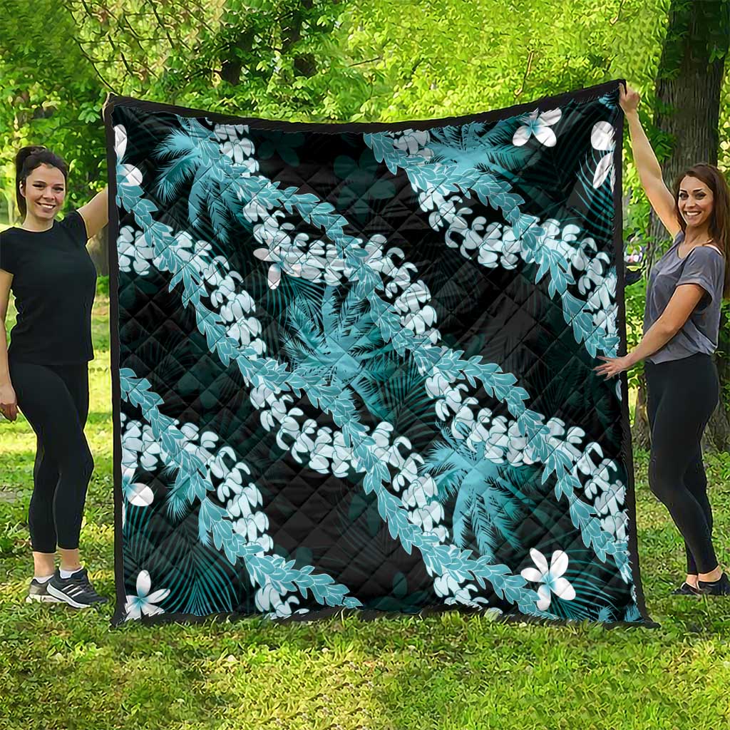 Puakenikeni Maile Lei Quilt Frangipani Turquoise Tropical Leaves LT01 - Polynesian Pride