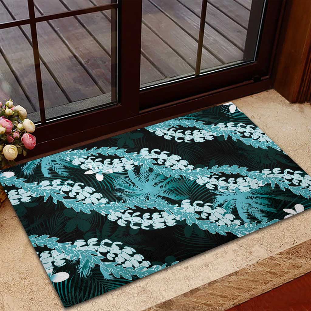 Puakenikeni Maile Lei Rubber Doormat Frangipani Turquoise Tropical Leaves LT01 - Polynesian Pride