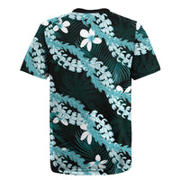 Puakenikeni Maile Lei Rugby Jersey Frangipani Turquoise Tropical Leaves LT01 - Polynesian Pride