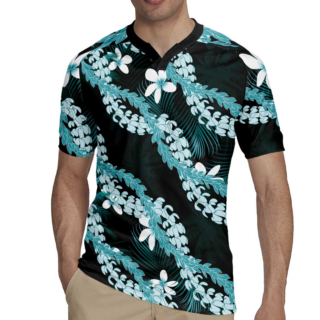 Puakenikeni Maile Lei Rugby Jersey Frangipani Turquoise Tropical Leaves LT01 - Polynesian Pride