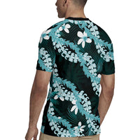 Puakenikeni Maile Lei Rugby Jersey Frangipani Turquoise Tropical Leaves LT01 - Polynesian Pride