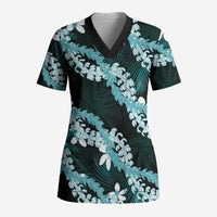 Puakenikeni Maile Lei Scrub Top Frangipani Turquoise Tropical Leaves LT01 Adult Turquoise - Polynesian Pride