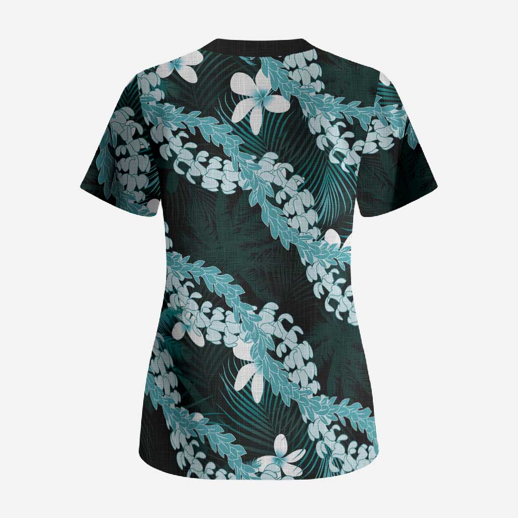 Puakenikeni Maile Lei Scrub Top Frangipani Turquoise Tropical Leaves LT01 - Polynesian Pride