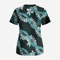 Puakenikeni Maile Lei Scrub Top Frangipani Turquoise Tropical Leaves LT01 - Polynesian Pride