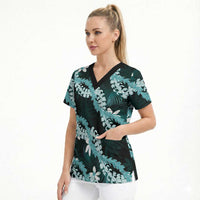 Puakenikeni Maile Lei Scrub Top Frangipani Turquoise Tropical Leaves LT01 - Polynesian Pride