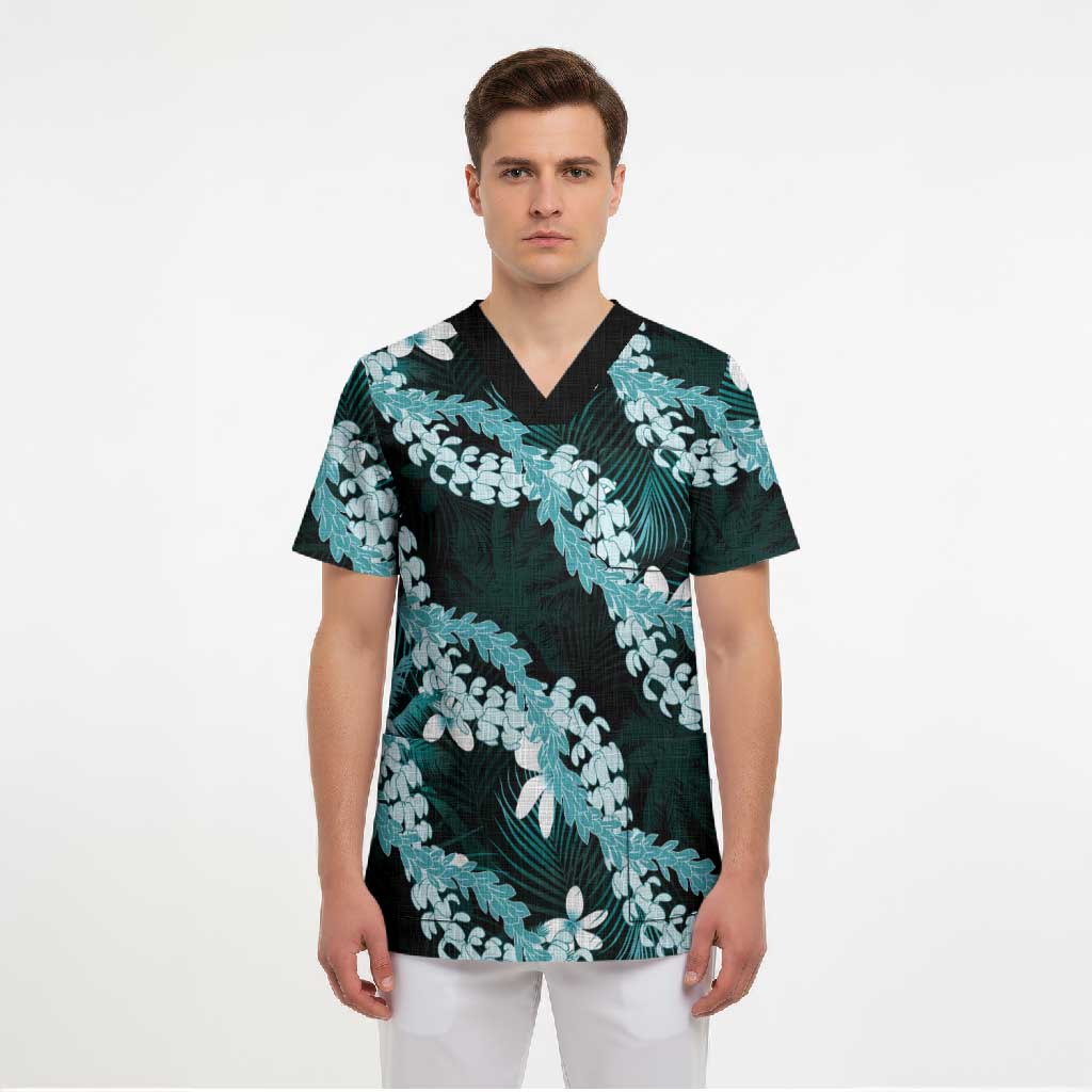 Puakenikeni Maile Lei Scrub Top Frangipani Turquoise Tropical Leaves LT01 - Polynesian Pride