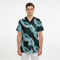 Puakenikeni Maile Lei Scrub Top Frangipani Turquoise Tropical Leaves LT01 - Polynesian Pride