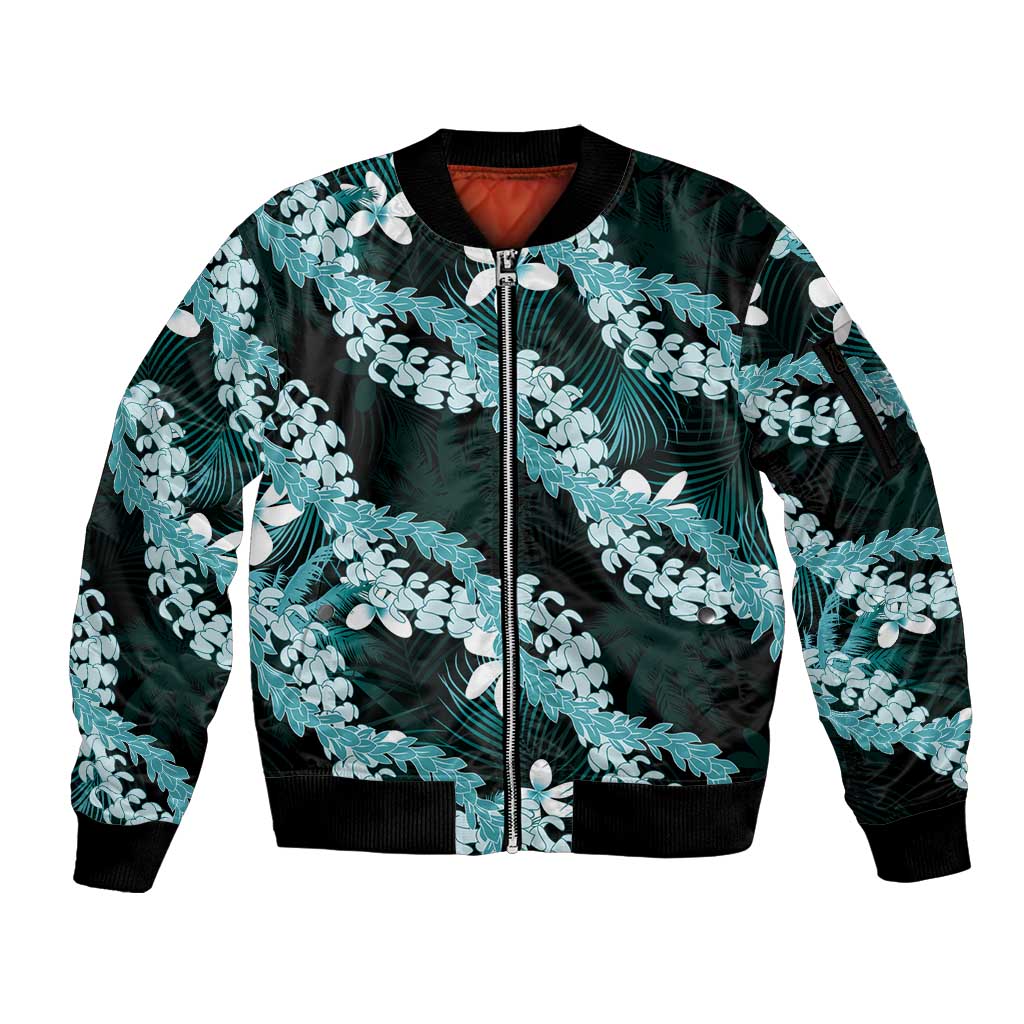 Puakenikeni Maile Lei Sleeve Zip Bomber Jacket Frangipani Turquoise Tropical Leaves LT01 Unisex Turquoise - Polynesian Pride