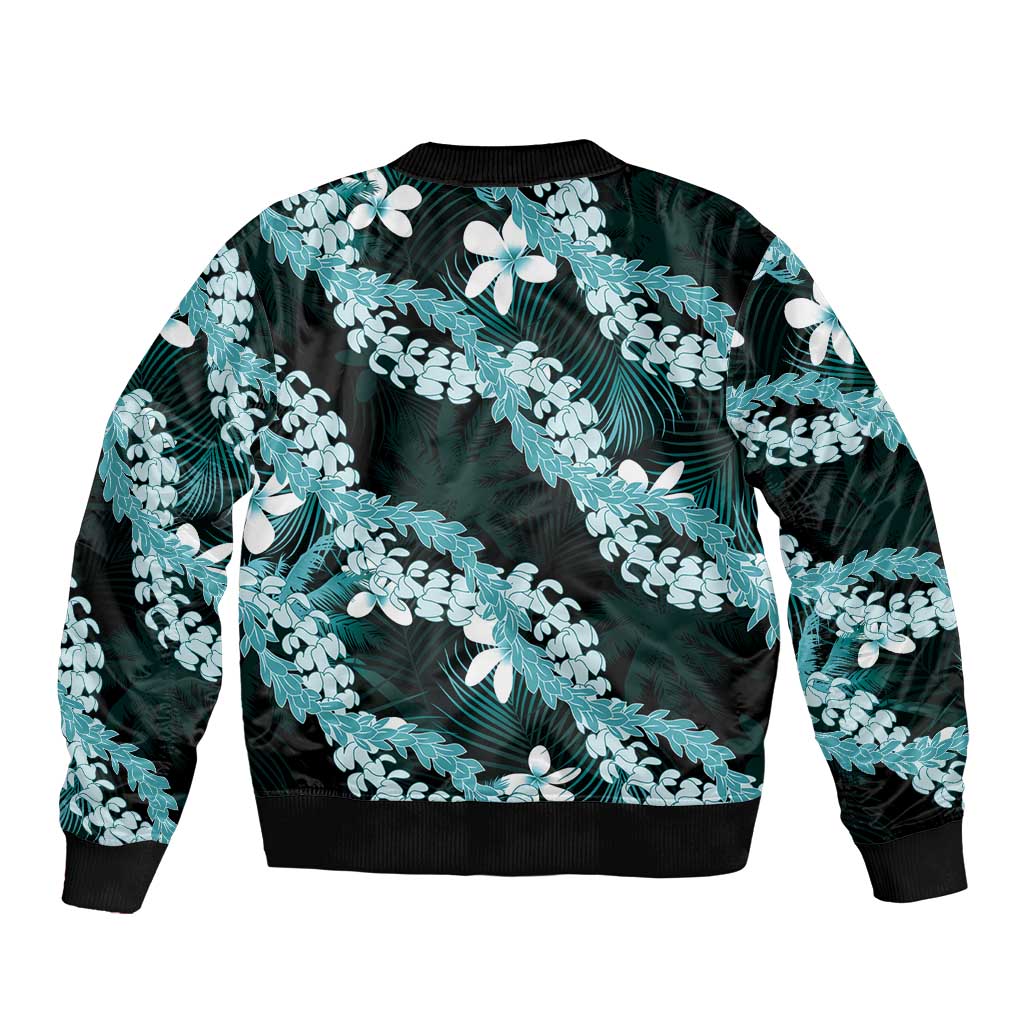 Puakenikeni Maile Lei Sleeve Zip Bomber Jacket Frangipani Turquoise Tropical Leaves LT01 - Polynesian Pride