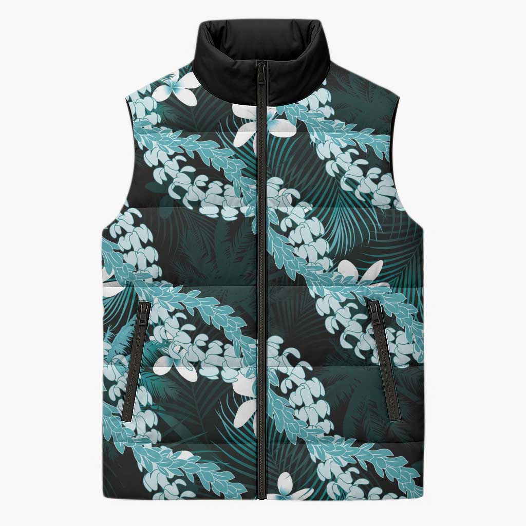 Puakenikeni Maile Lei Sleeveless Puffer Jacket Frangipani Turquoise Tropical Leaves LT01 Unisex Turquoise - Polynesian Pride