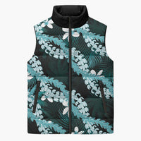 Puakenikeni Maile Lei Sleeveless Puffer Jacket Frangipani Turquoise Tropical Leaves LT01 Unisex Turquoise - Polynesian Pride