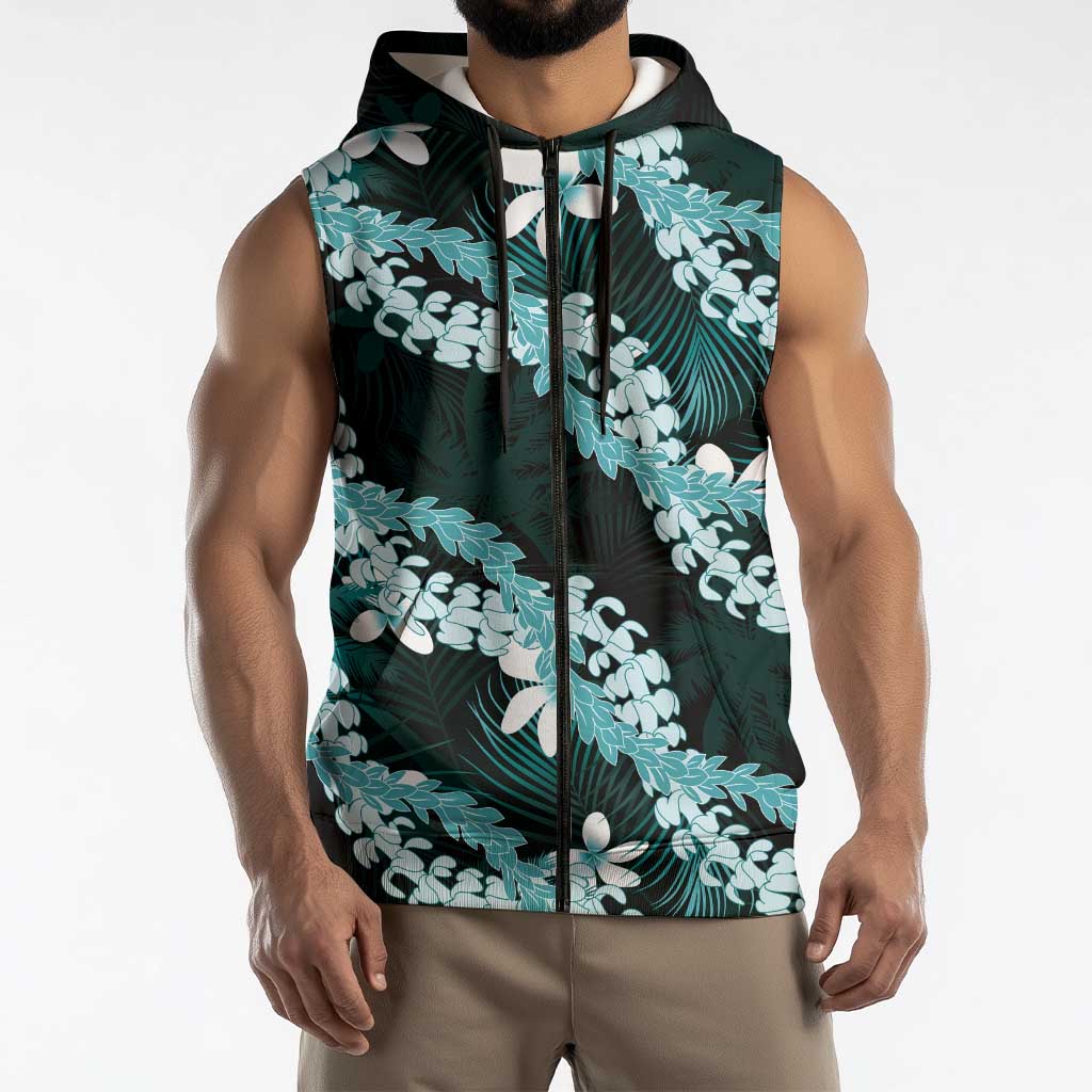 Puakenikeni Maile Lei Sleeveless Zip Hoodie Frangipani Turquoise Tropical Leaves LT01 - Polynesian Pride
