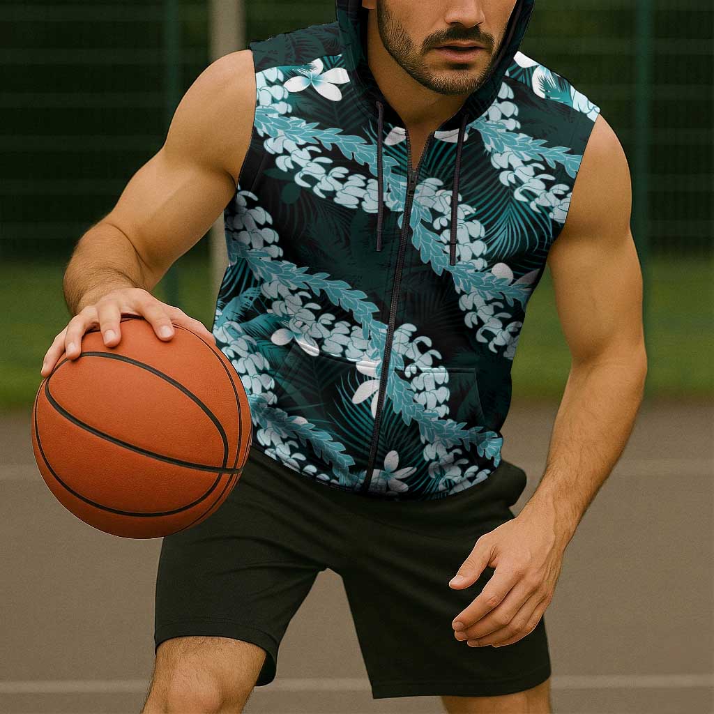 Puakenikeni Maile Lei Sleeveless Zip Hoodie Frangipani Turquoise Tropical Leaves LT01 - Polynesian Pride