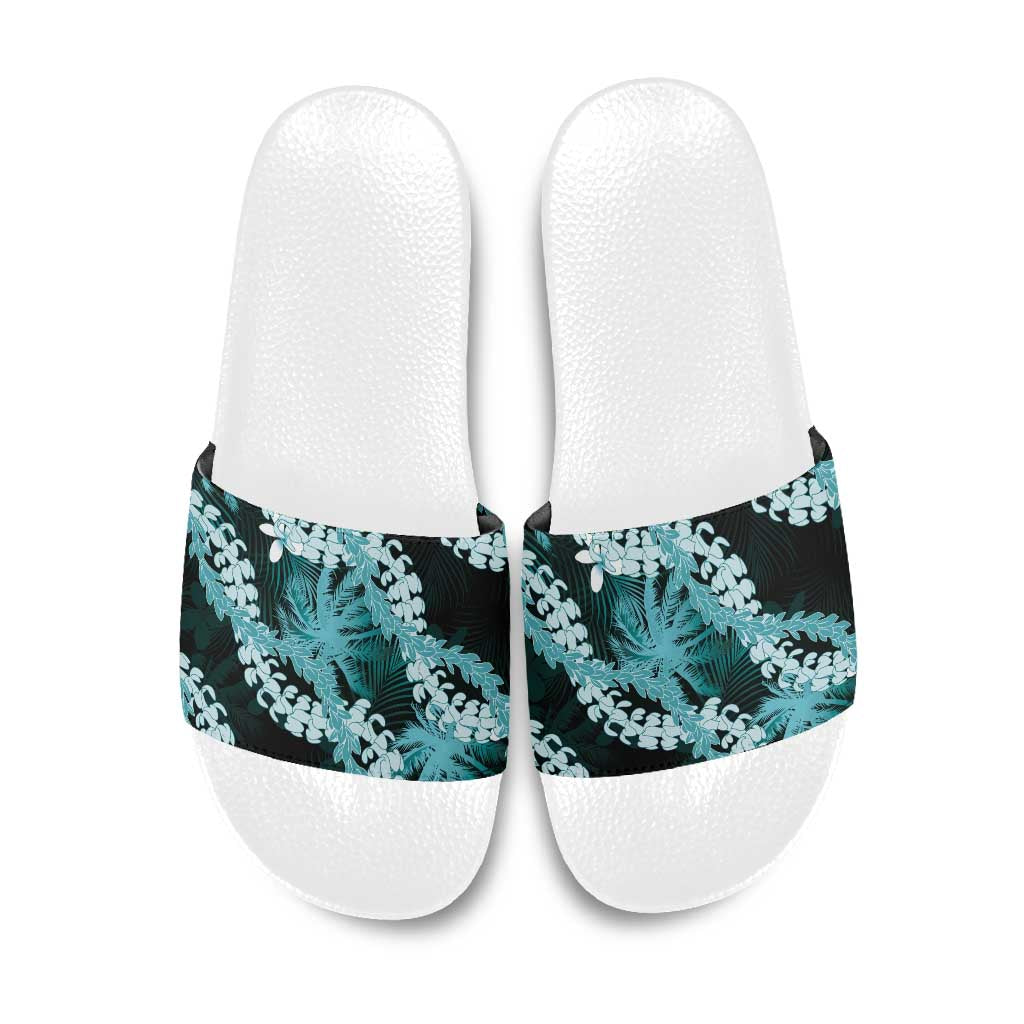 Puakenikeni Maile Lei Slide Sandals Frangipani Turquoise Tropical Leaves LT01 Turquoise - Polynesian Pride