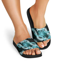 Puakenikeni Maile Lei Slide Sandals Frangipani Turquoise Tropical Leaves LT01 - Polynesian Pride