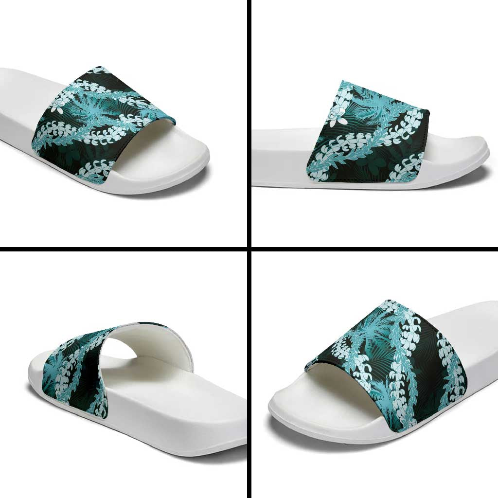 Puakenikeni Maile Lei Slide Sandals Frangipani Turquoise Tropical Leaves LT01 - Polynesian Pride