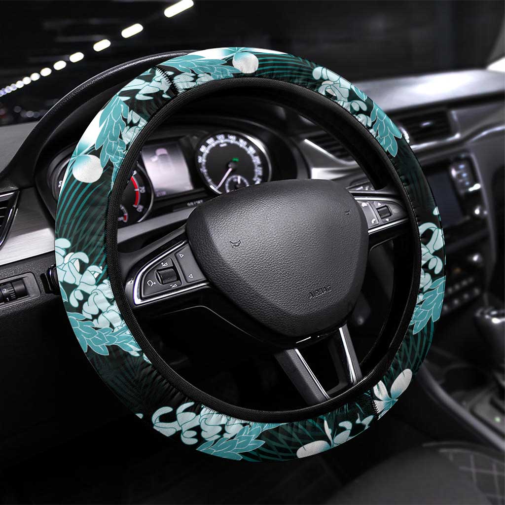 Puakenikeni Maile Lei Steering Wheel Cover Frangipani Turquoise Tropical Leaves