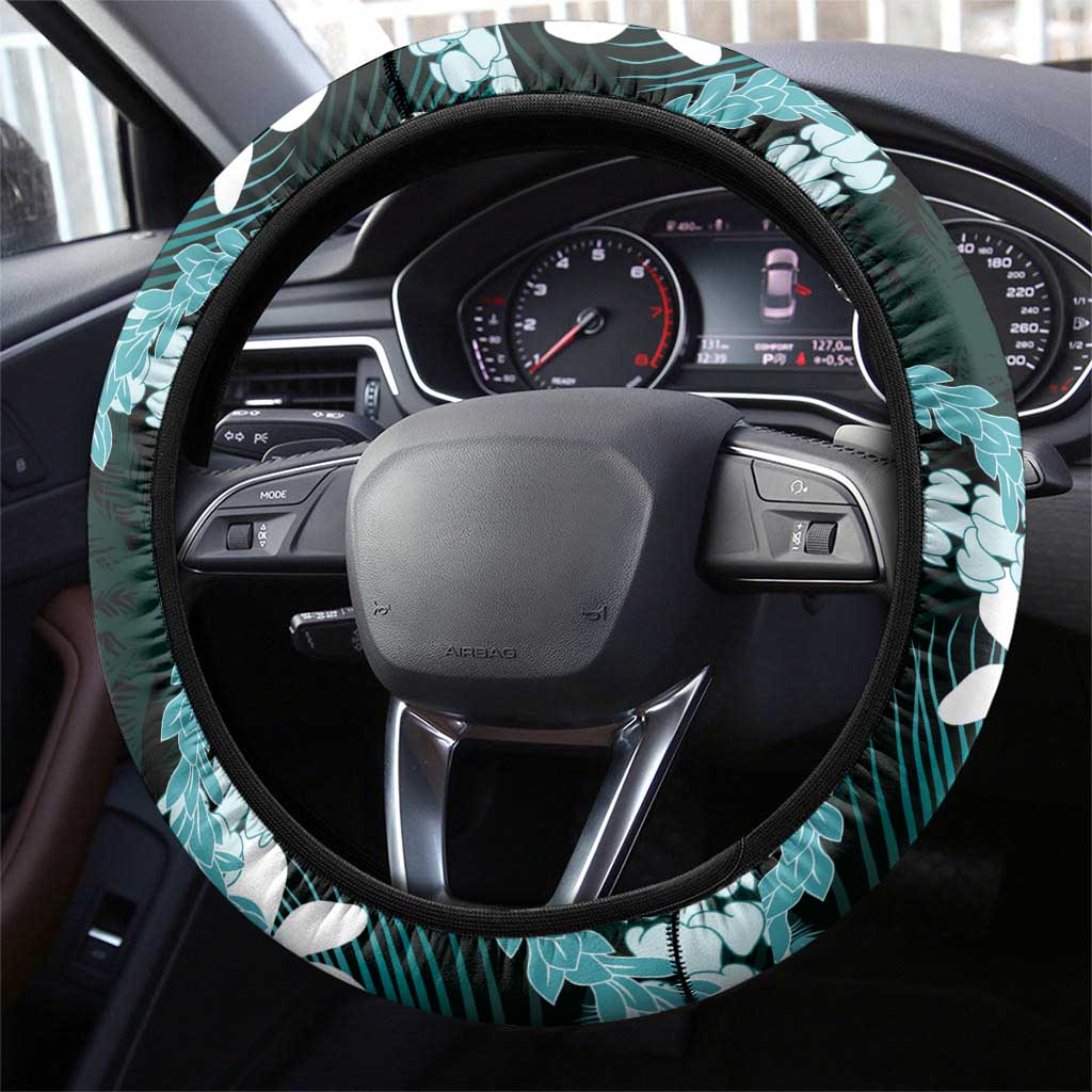 Puakenikeni Maile Lei Steering Wheel Cover Frangipani Turquoise Tropical Leaves