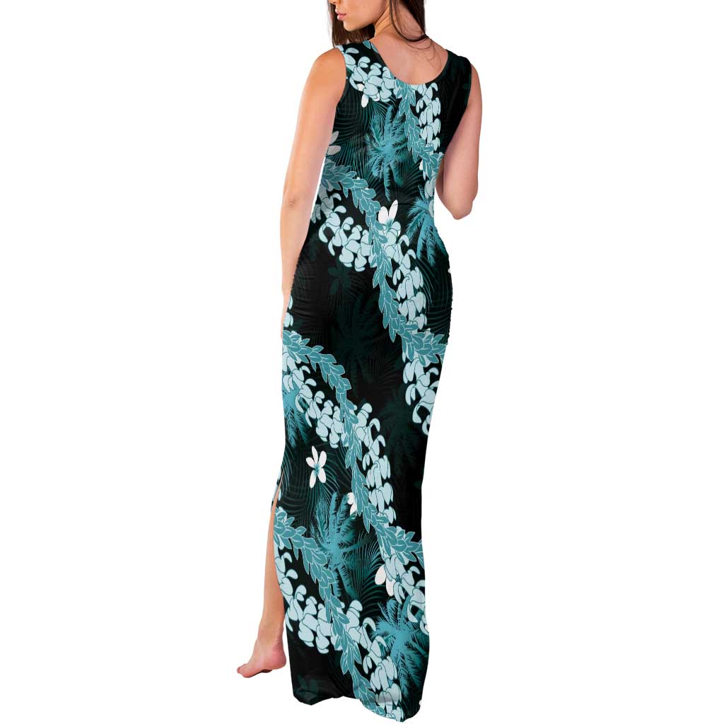 Puakenikeni Maile Lei Tank Maxi Dress Frangipani Turquoise Tropical Leaves