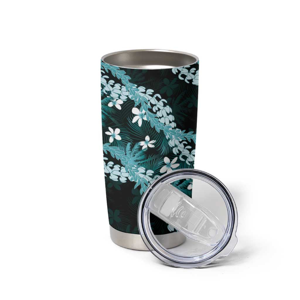 Puakenikeni Maile Lei Tumbler Cup Frangipani Turquoise Tropical Leaves LT01 - Polynesian Pride