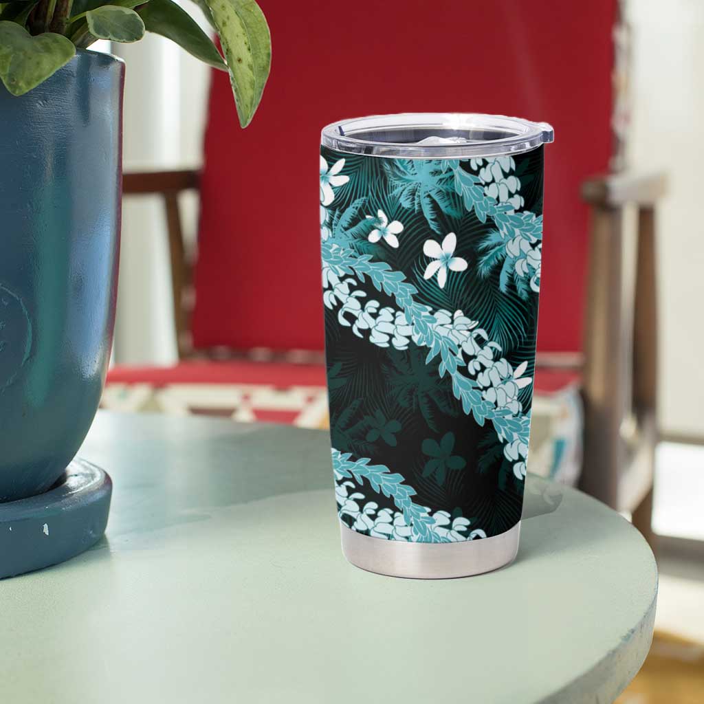 Puakenikeni Maile Lei Tumbler Cup Frangipani Turquoise Tropical Leaves LT01 - Polynesian Pride