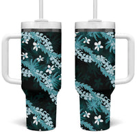 Puakenikeni Maile Lei Tumbler With Handle Frangipani Turquoise Tropical Leaves LT01 One Size: 40 oz Turquoise - Polynesian Pride