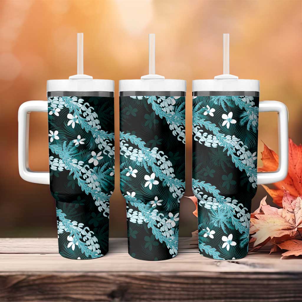 Puakenikeni Maile Lei Tumbler With Handle Frangipani Turquoise Tropical Leaves LT01 - Polynesian Pride